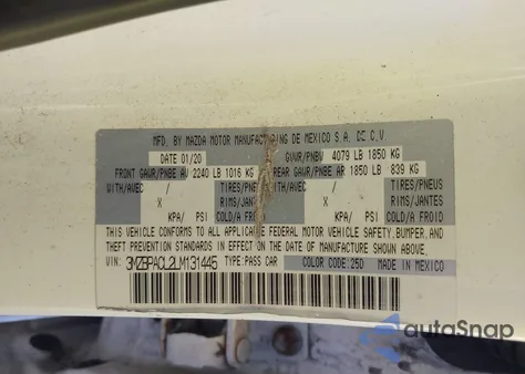 2020 Mazda Mazda3 Select Package из США, поврежденный, VIN 3MZBPACL2LM131445